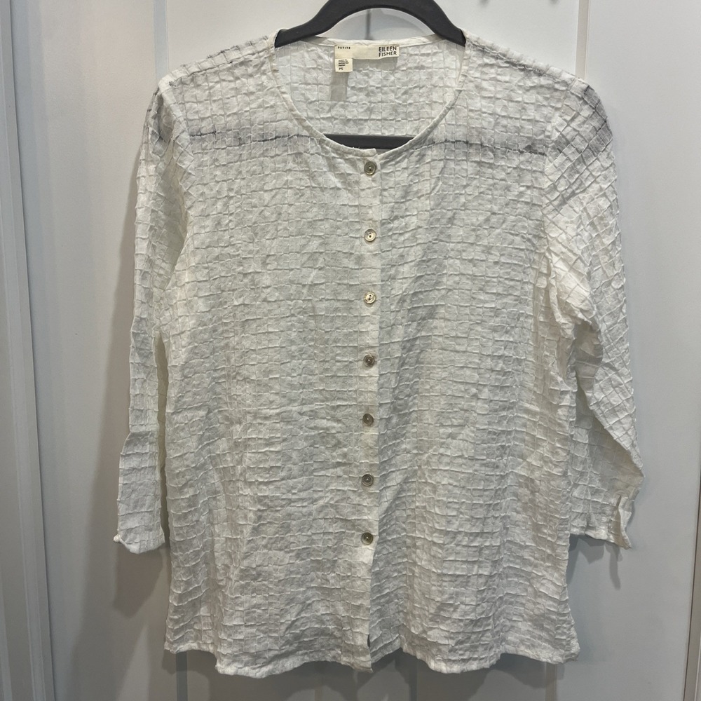 Eileen Fisher Women's White Gauzy Lagenlook Button Up Blouse Size Petite Small